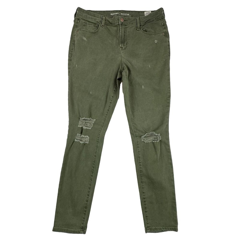 Old Navy Rockstar Womens 12 Green Distressed Stretch Denim Skinny Jeans Mid Rise